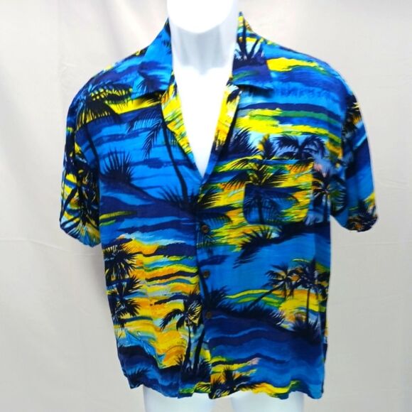 Vintage Ocean Current Hawaiian Shirt Men XL Blue Palm Tree Sun Set Print....... - Picture 1 of 8